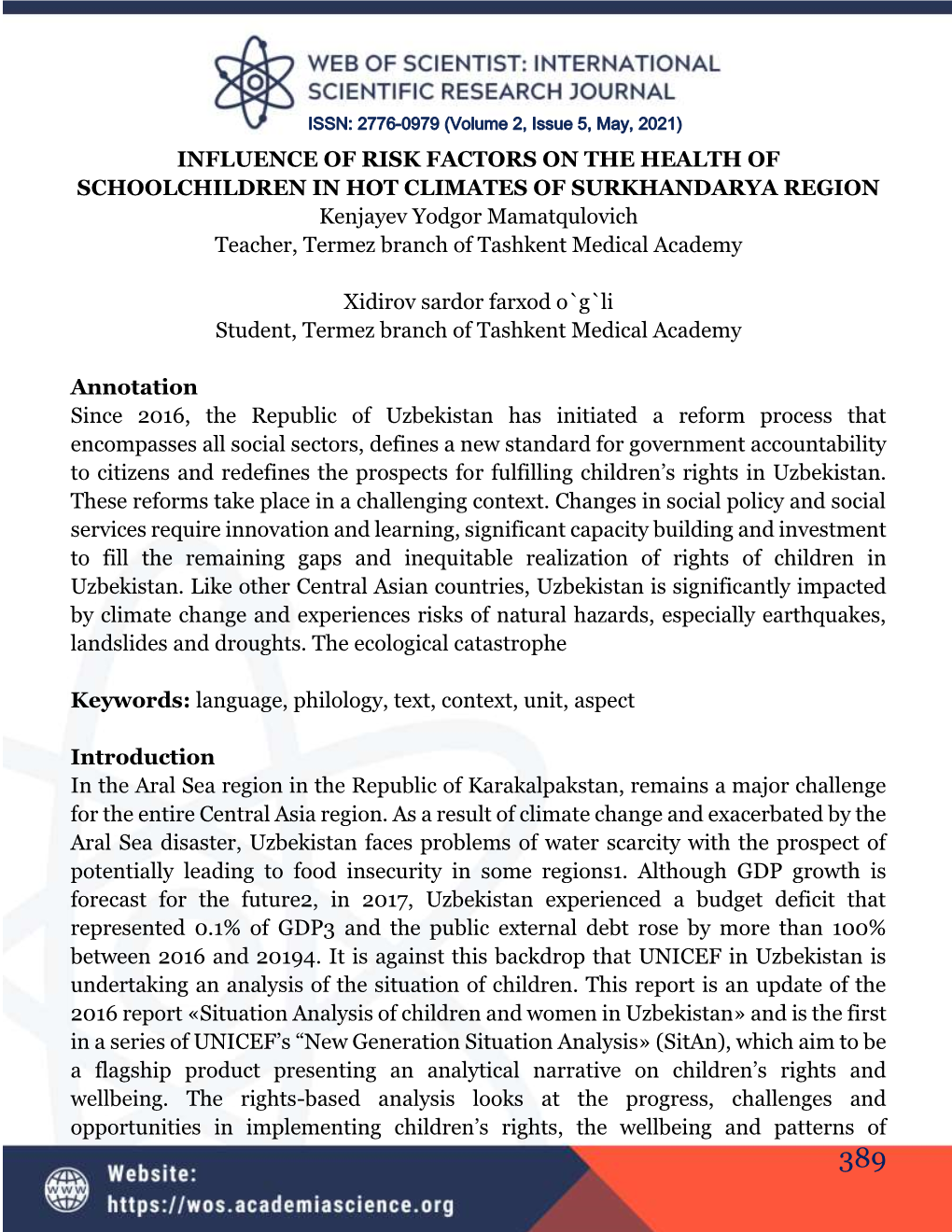 INFLUENCE of RISK FACTORS on the HEALTH of SCHOOLCHILDREN in HOT CLIMATES of SURKHANDARYA REGION Kenjayev Yodgor Mamatqulovich T