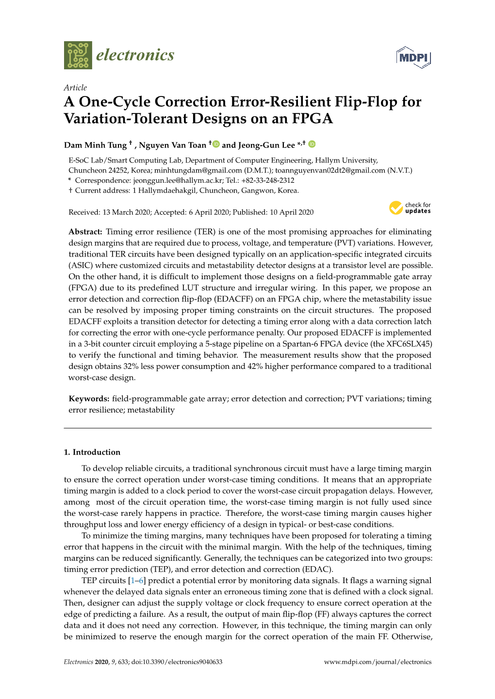 A One-Cycle Correction Error-Resilient Flip-Flop for Variation-Tolerant Designs on an FPGA