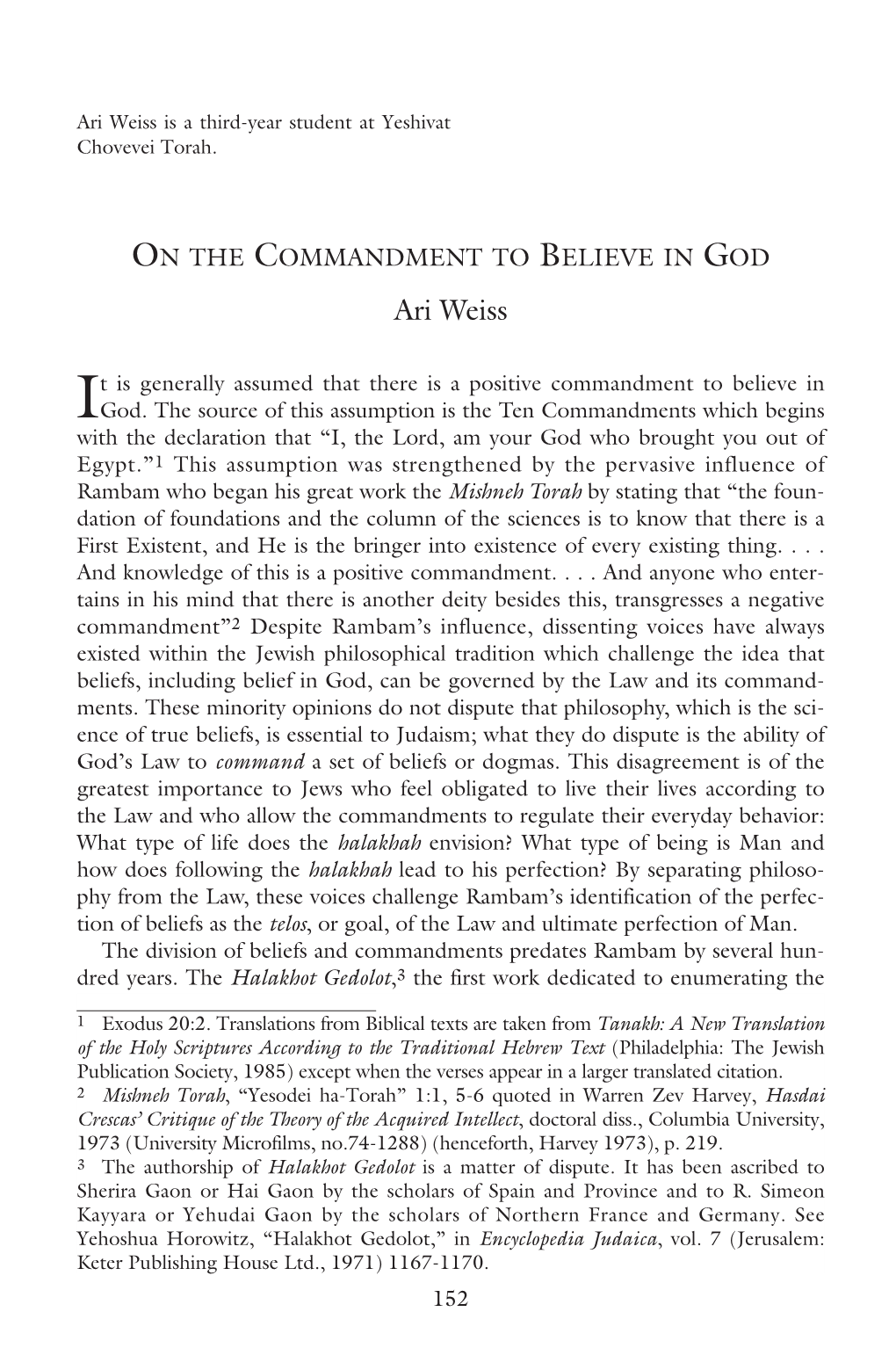 ON the COMMANDMENT to BELIEVE in GOD Ari Weiss