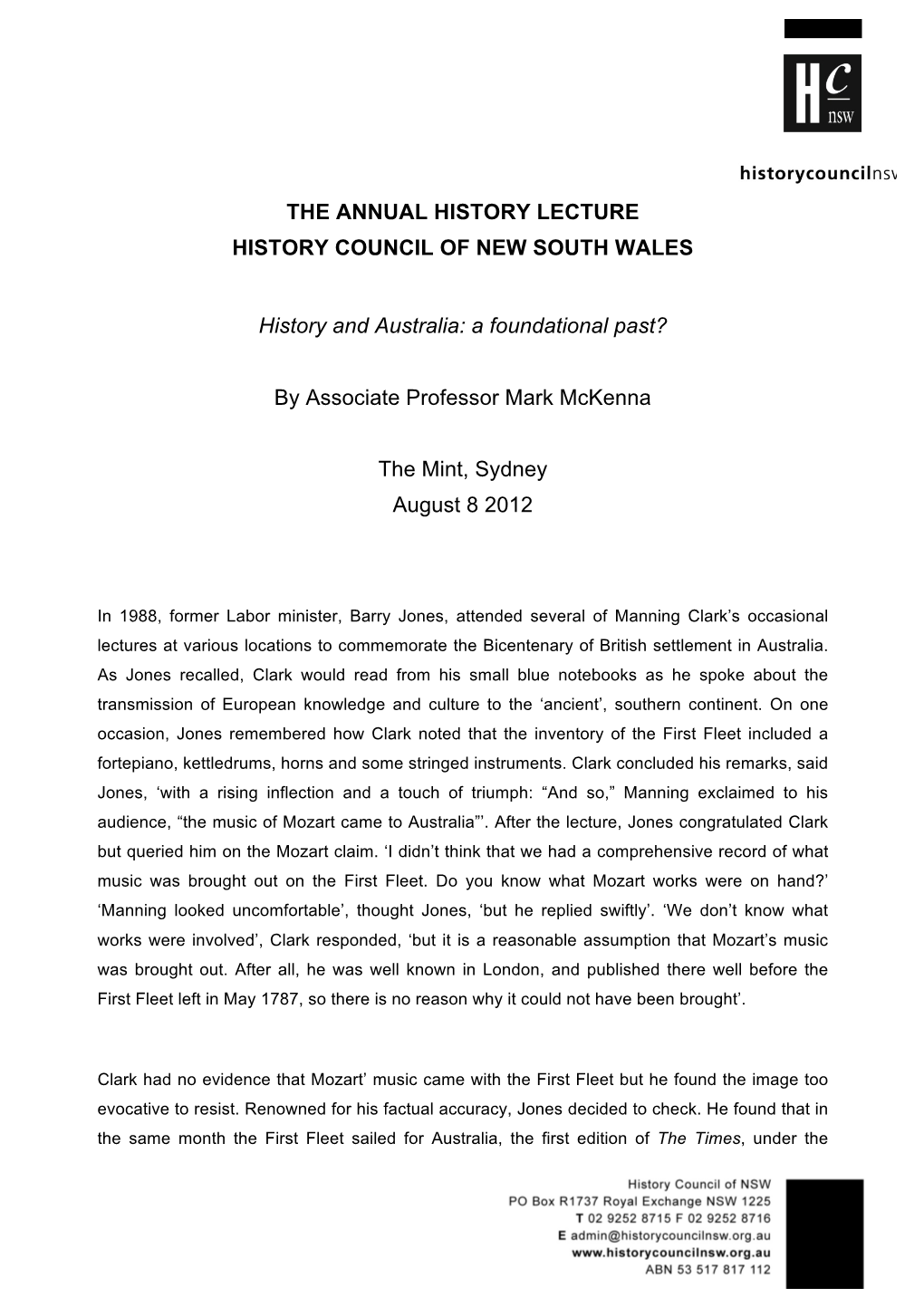 The Annual History Lecture History Council of New South Wales