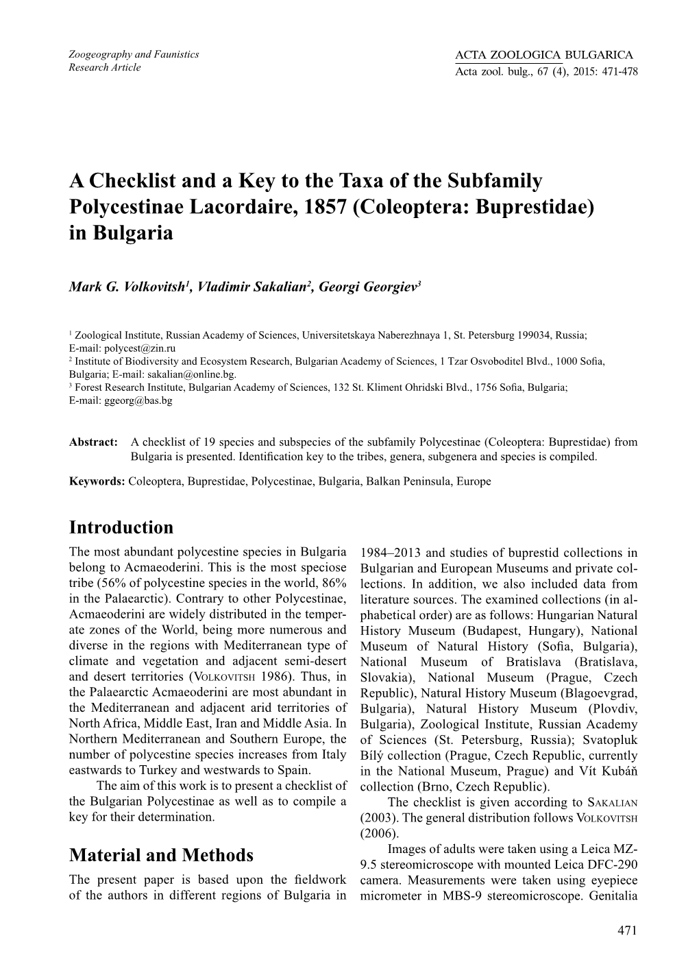 A Checklist and a Key to the Taxa of the Subfamily Polycestinae Lacordaire, 1857 (Coleoptera: Buprestidae) in Bulgaria