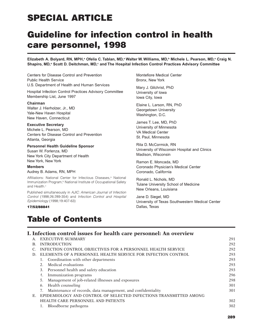 Guideline for Infection Control in Health Care Personnel, 1998