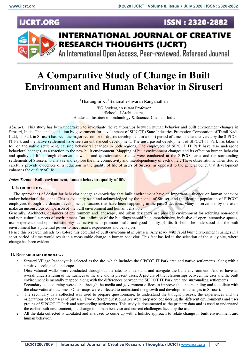 A Comparative Study of Change in Built Environment and Human Behavior in Siruseri