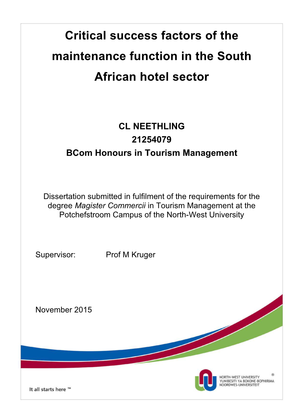 Critical Success Factors of the Maintenance Function in the South African Hotel Sector