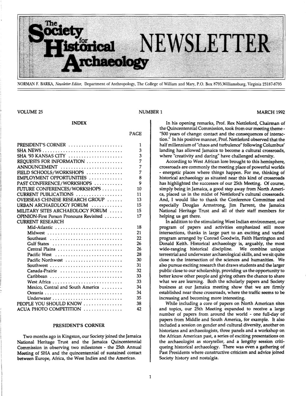 Volume 25 Number 1 March 1992 Index Page President's