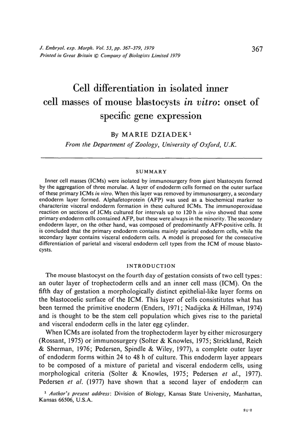 Cell Differentiation in Isolated Inner Cell Masses of Mouse Blastocysts in Vitro: Onset of Specific Gene Expression