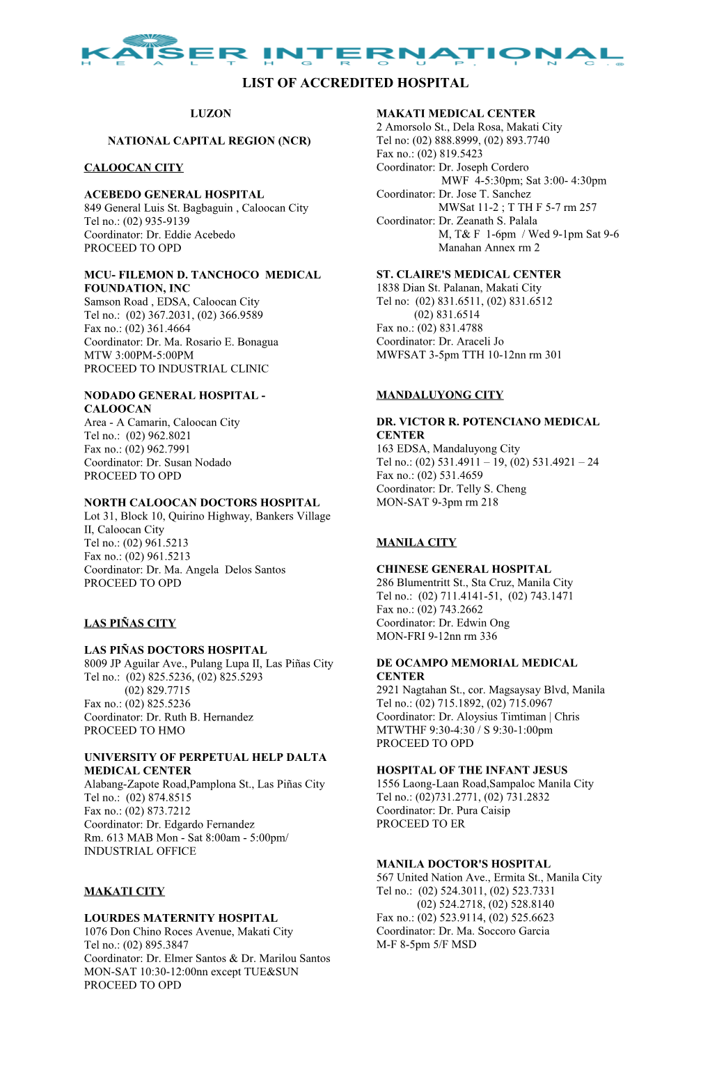 List of Accredited Hospital