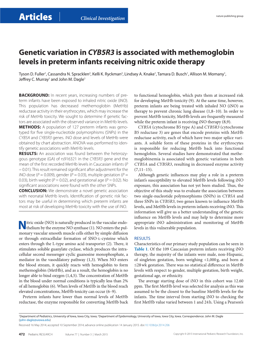 Genetic Variation in CYB5R3 Is Associated with Methemoglobin Levels in Preterm Infants Receiving Nitric Oxide Therapy