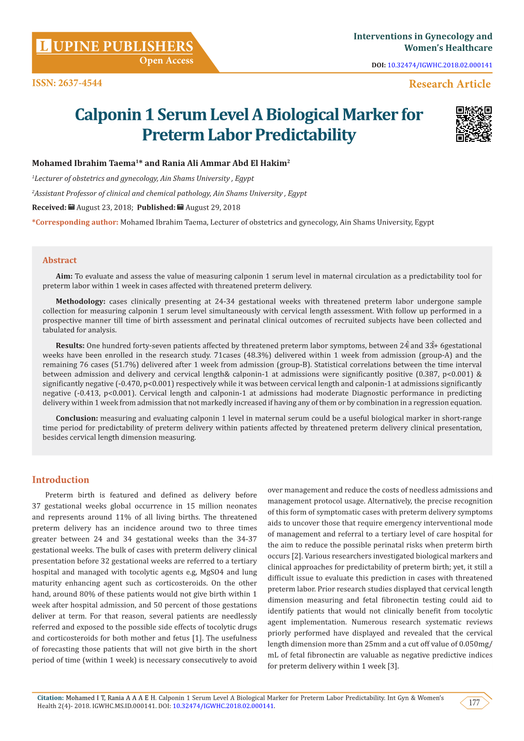 Calponin 1 Serum Level a Biological Marker for Preterm Labor Predictability