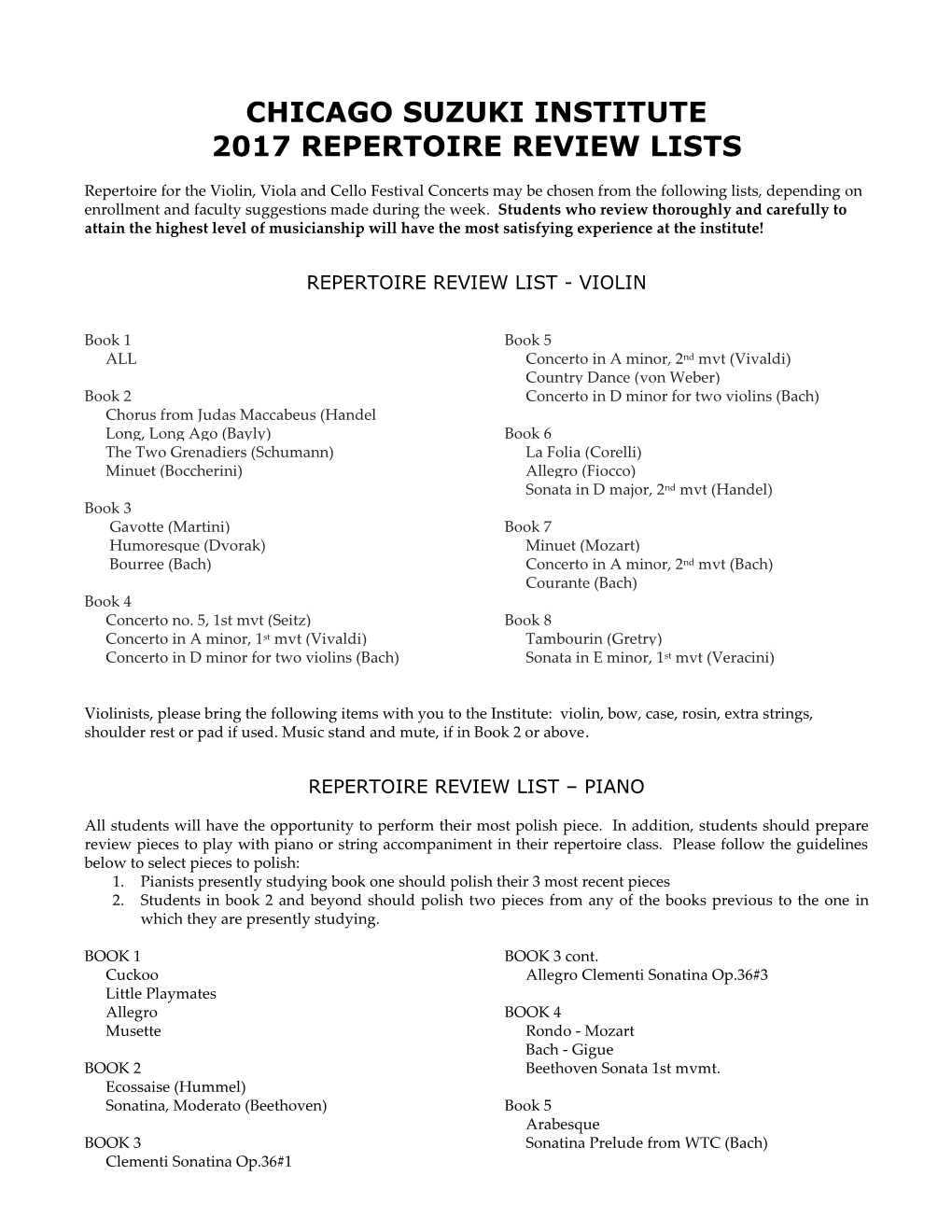 Chicago Suzuki Institute 2017 Repertoire Review Lists