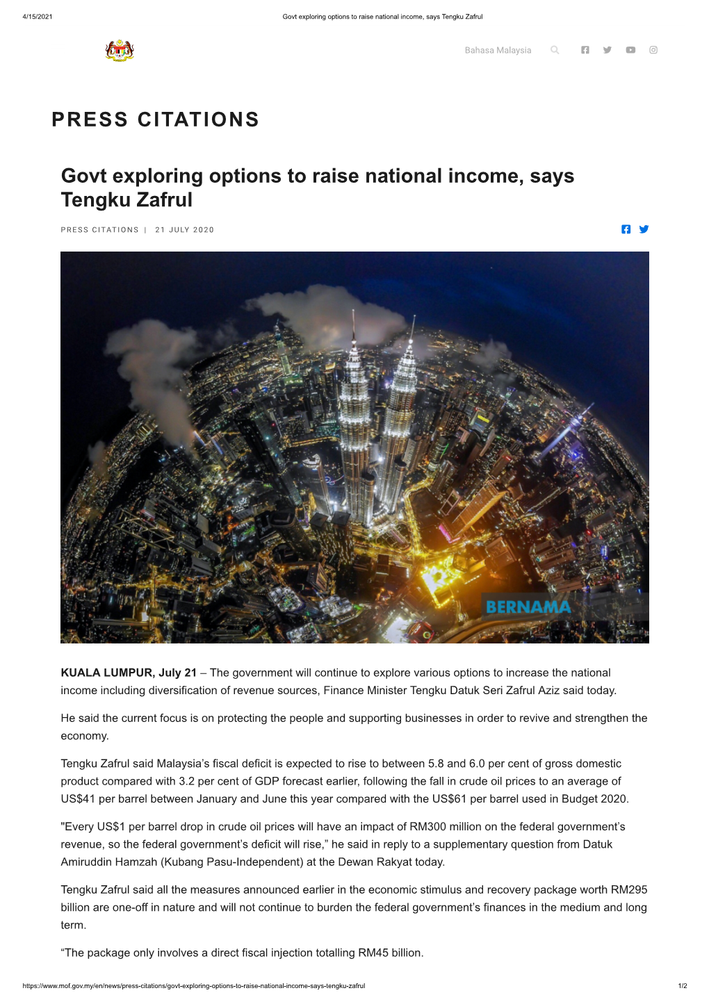 PRESS CITATIONS Govt Exploring Options to Raise National Income