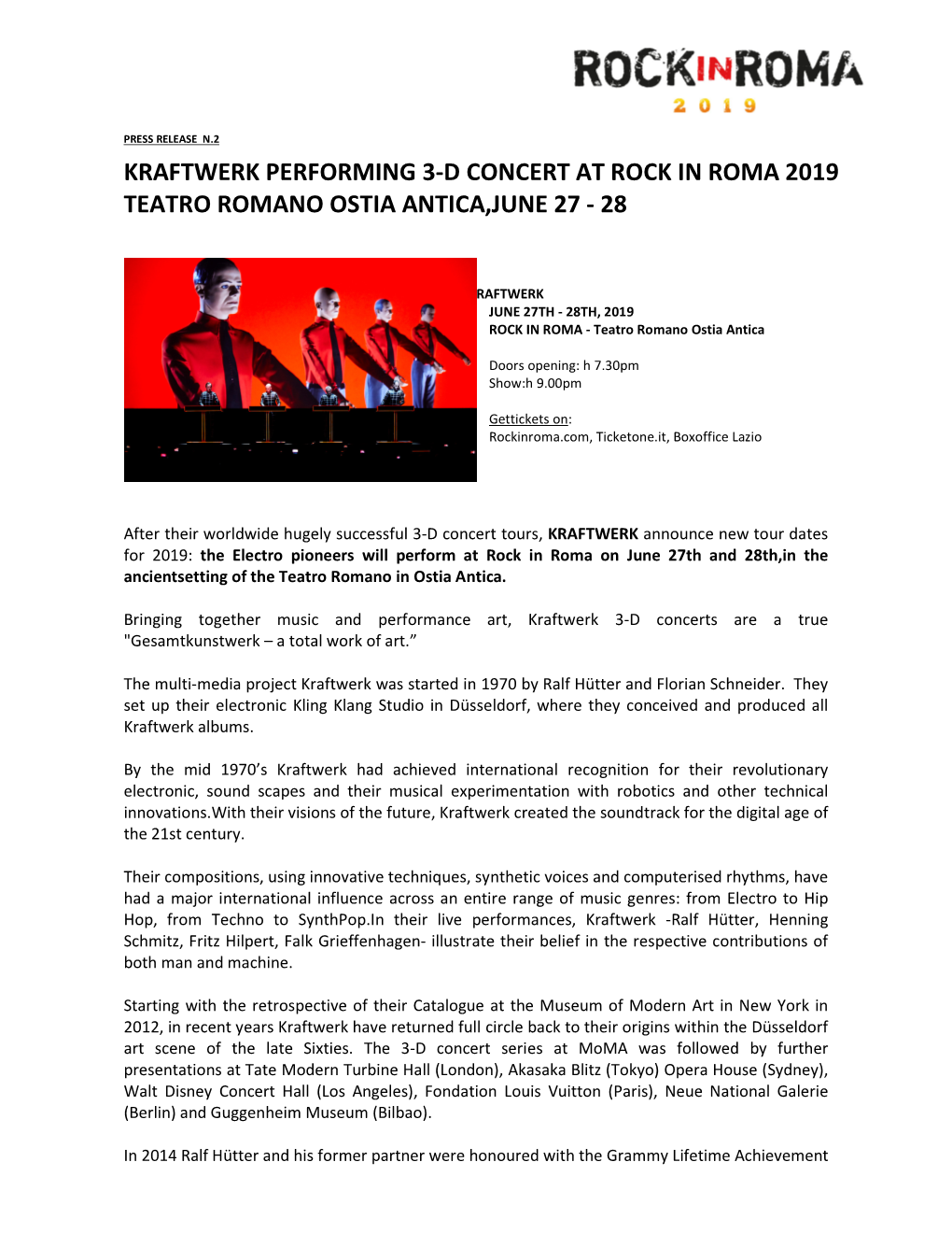 Kraftwerk Performing 3-D Concert at Rock in Roma 2019 Teatro Romano Ostia Antica,June 27 - 28