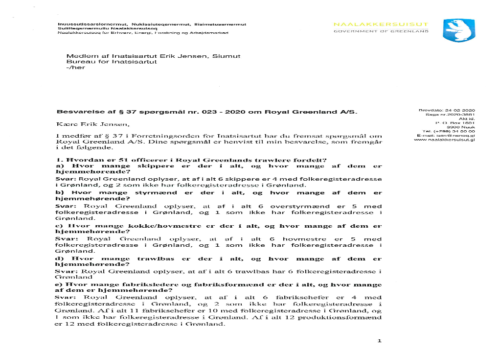 Besvarelse Af § 37 Spørgsmål Nr. 023 - 2020 Om Royal Greenland A/S