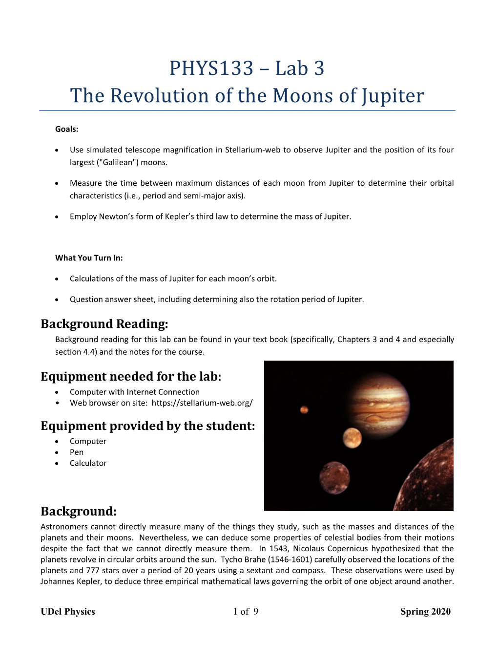 PHYS133 – Lab 3 the Revolution of the Moons of Jupiter