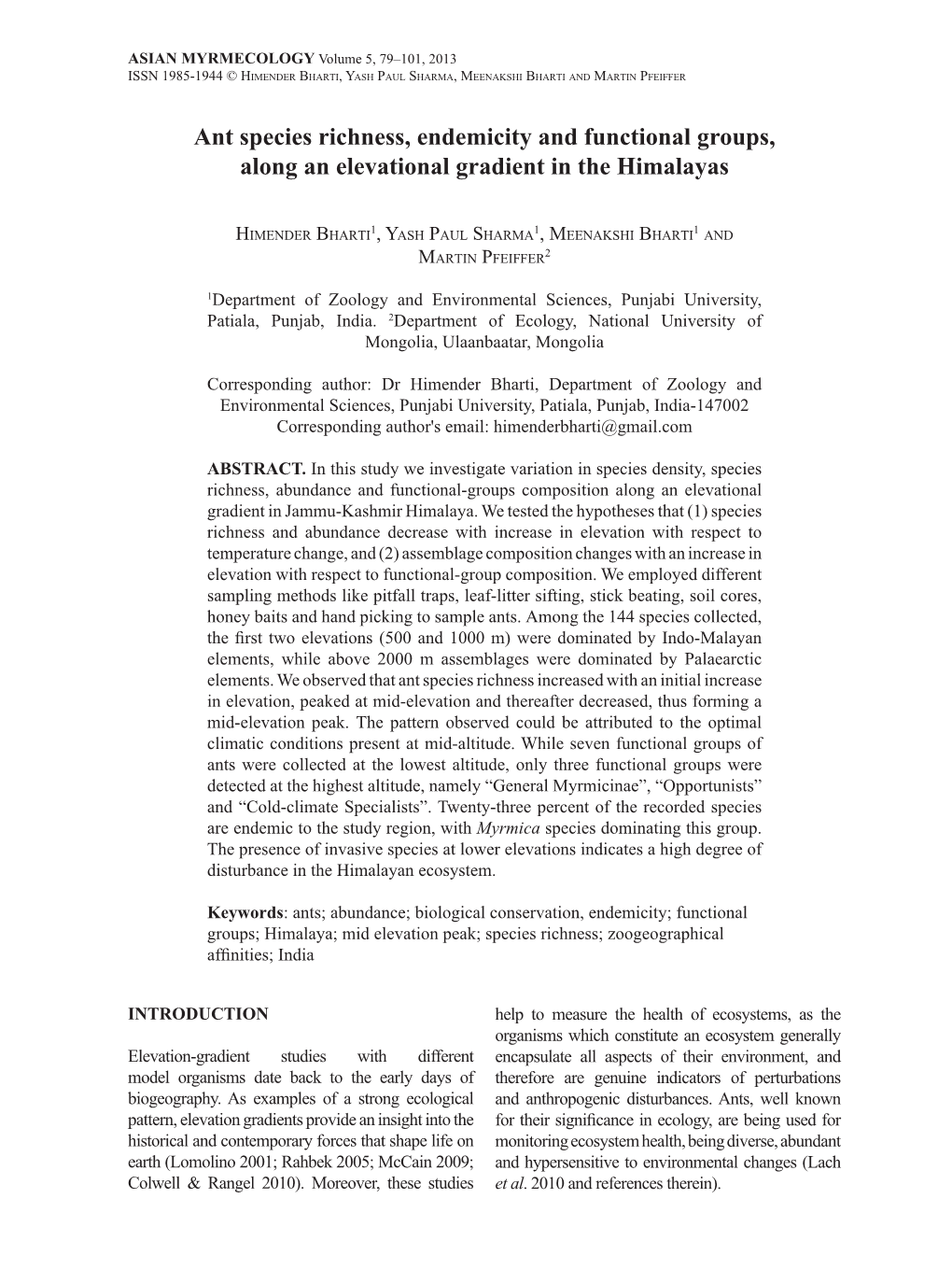 Ant Species Richness, Endemicity and Functional Groups, Along an Elevational Gradient in the Himalayas