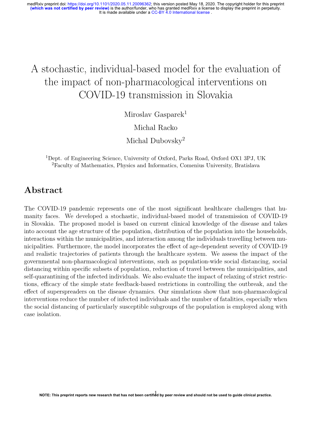 A Stochastic, Individual-Based Model for the Evaluation of the Impact of Non-Pharmacological Interventions on COVID-19 Transmission in Slovakia