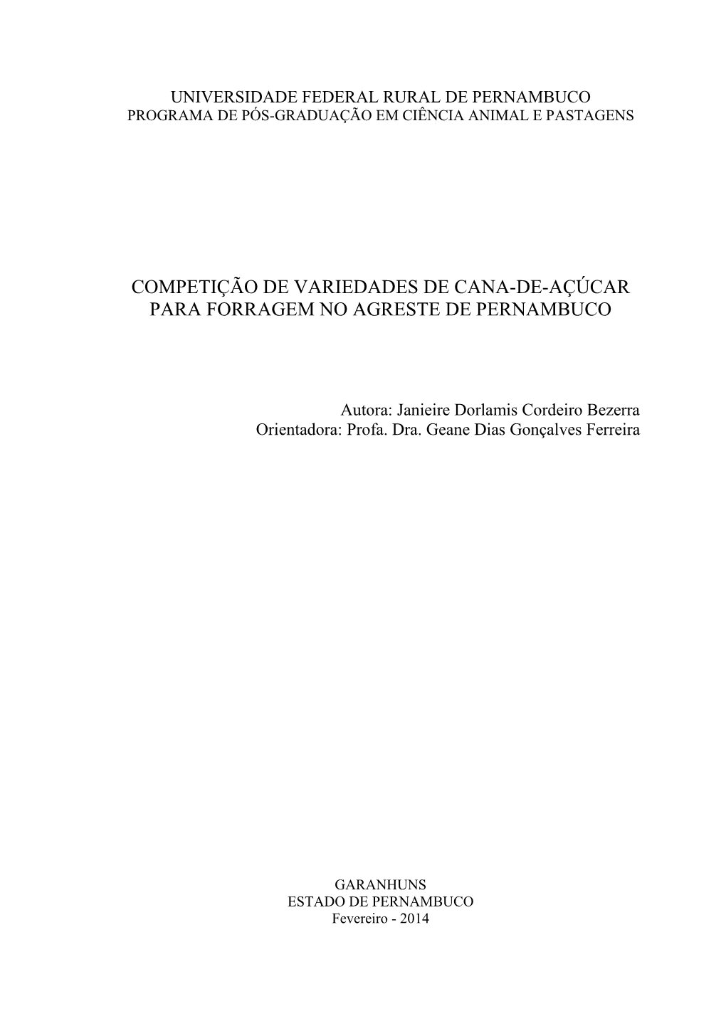 Competição De Variedades De Cana-De-Açúcar Para Forragem No Agreste De Pernambuco