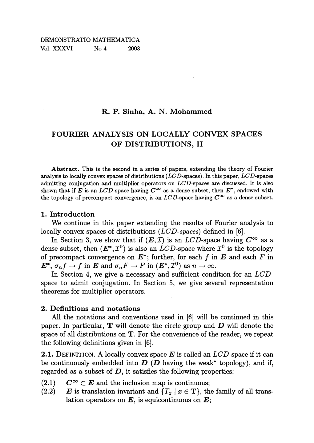 R. P. Sinha, A. N. Mohammed FOURIER ANALYSIS on LOCALLY CONVEX SPACES of DISTRIBUTIONS, II 1. Introduction We Continue in This P