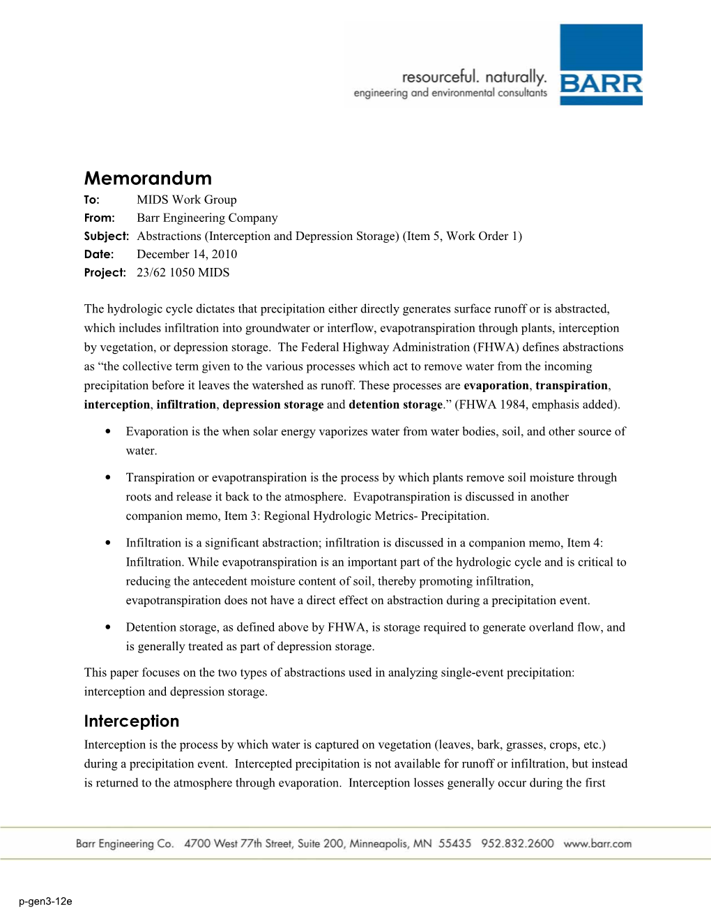 Abstractions (Interception and Depression Storage) (Item 5, Work Order 1) Date: December 14, 2010 Project: 23/62 1050 MIDS