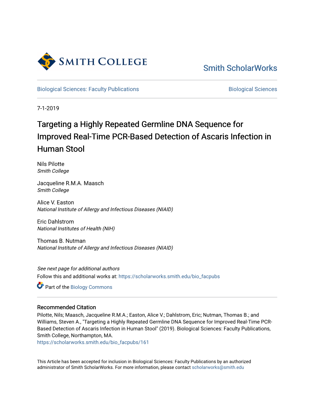 Targeting a Highly Repeated Germline DNA Sequence for Improved Real-Time PCR-Based Detection of Ascaris Infection in Human Stool