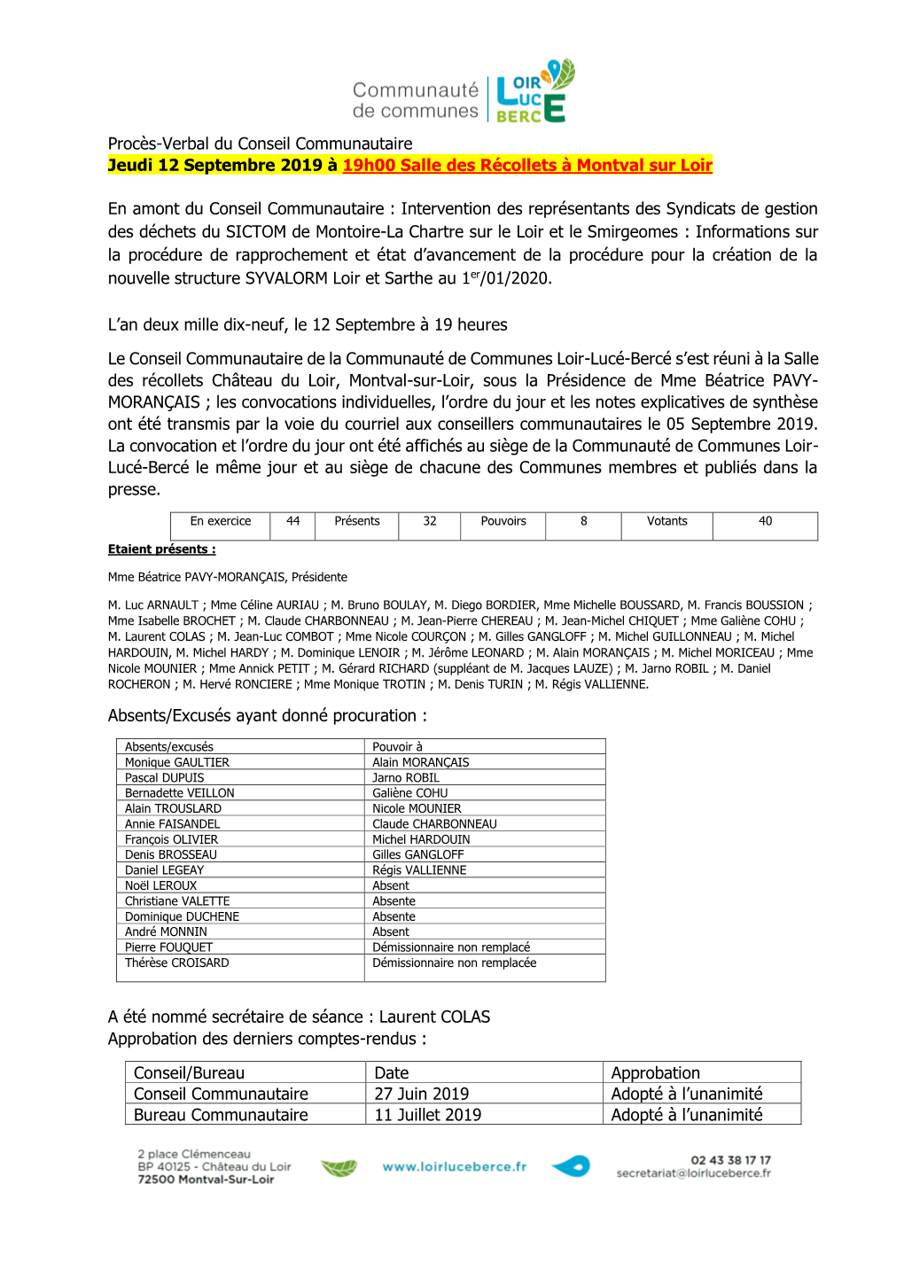 Procès-Verbal Du Conseil Communautaire Jeudi 12 Septembre 2019 À 19H00 Salle Des Récollets À Montval Sur Loir