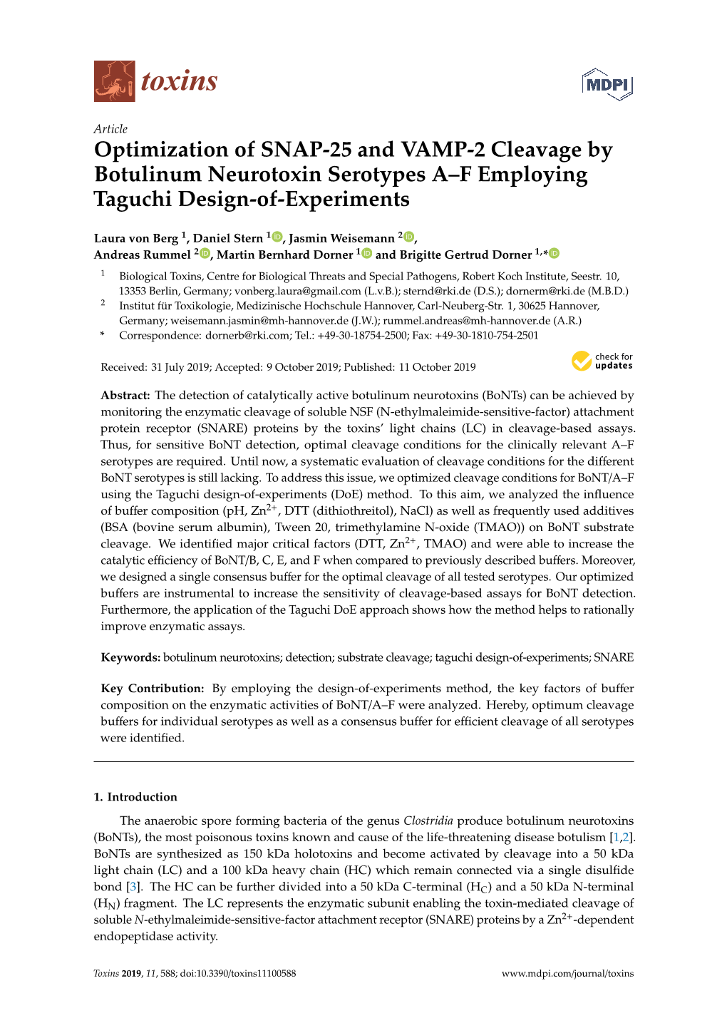 Optimization of SNAP-25 and VAMP-2 Cleavage by Botulinum Neurotoxin Serotypes A–F Employing Taguchi Design-Of-Experiments