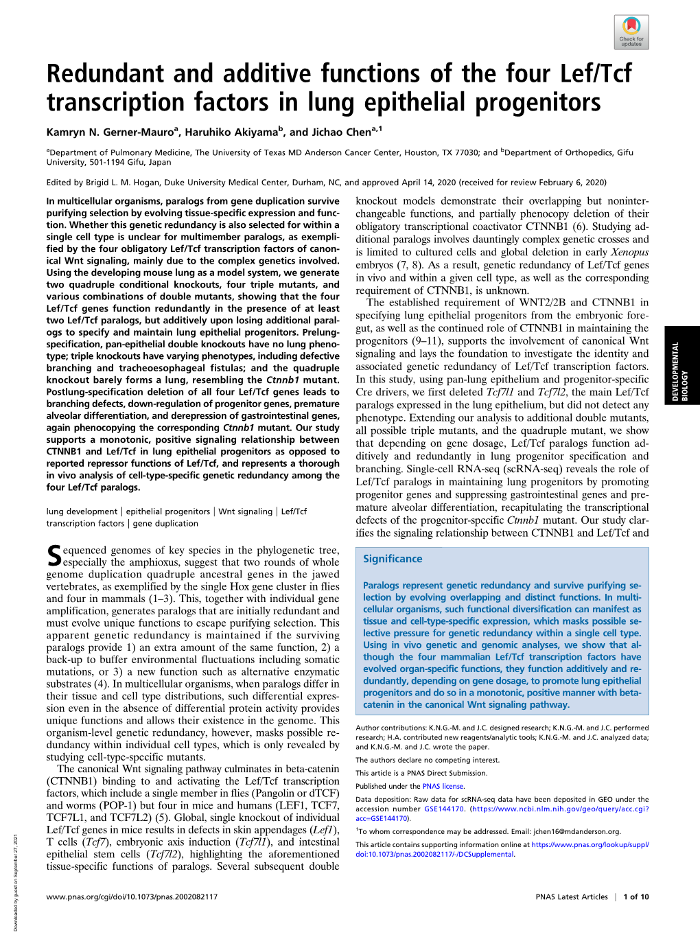 Redundant and Additive Functions of the Four Lef/Tcf Transcription Factors in Lung Epithelial Progenitors