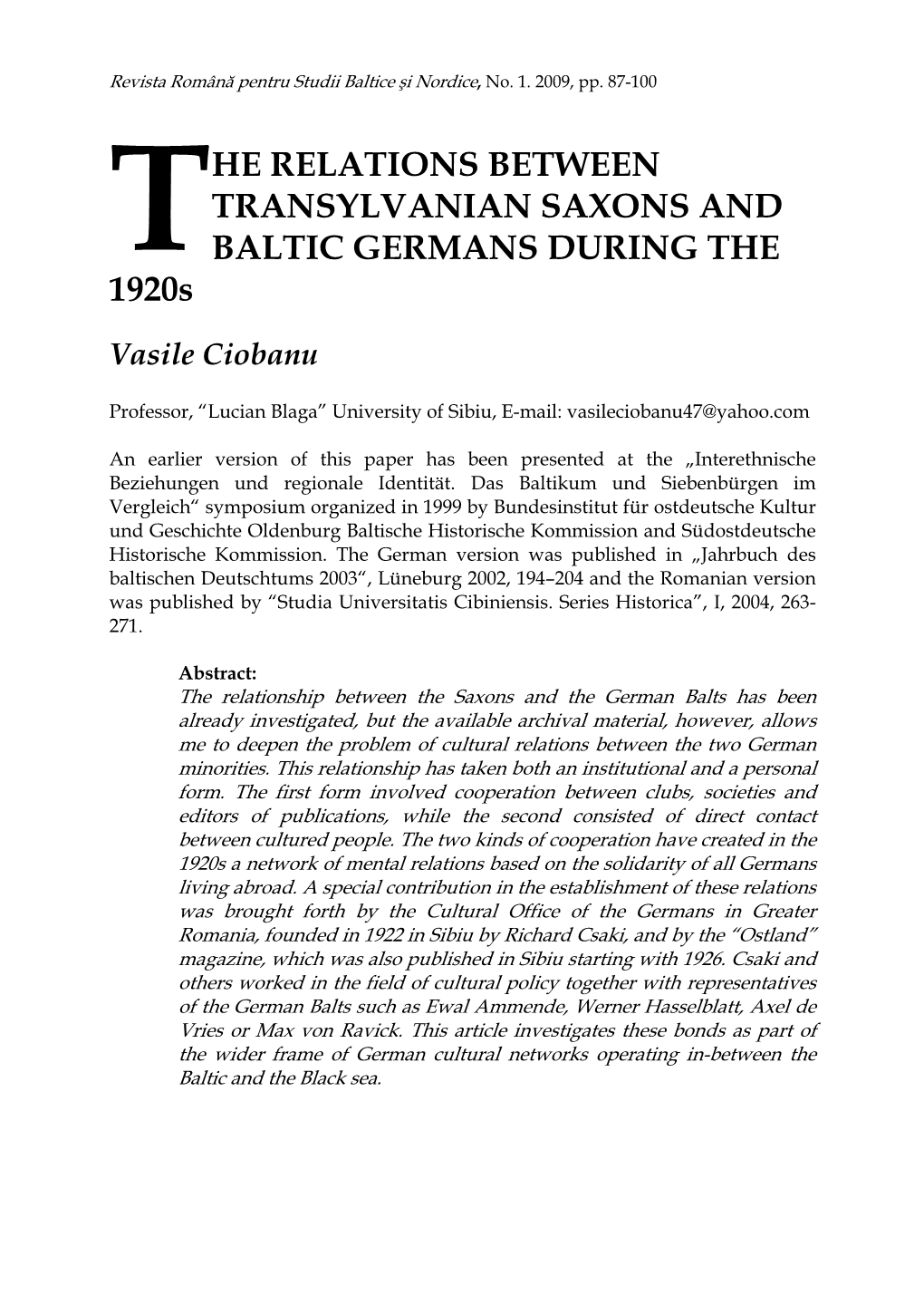 HE RELATIONS BETWEEN TRANSYLVANIAN SAXONS and T BALTIC GERMANS DURING the 1920S