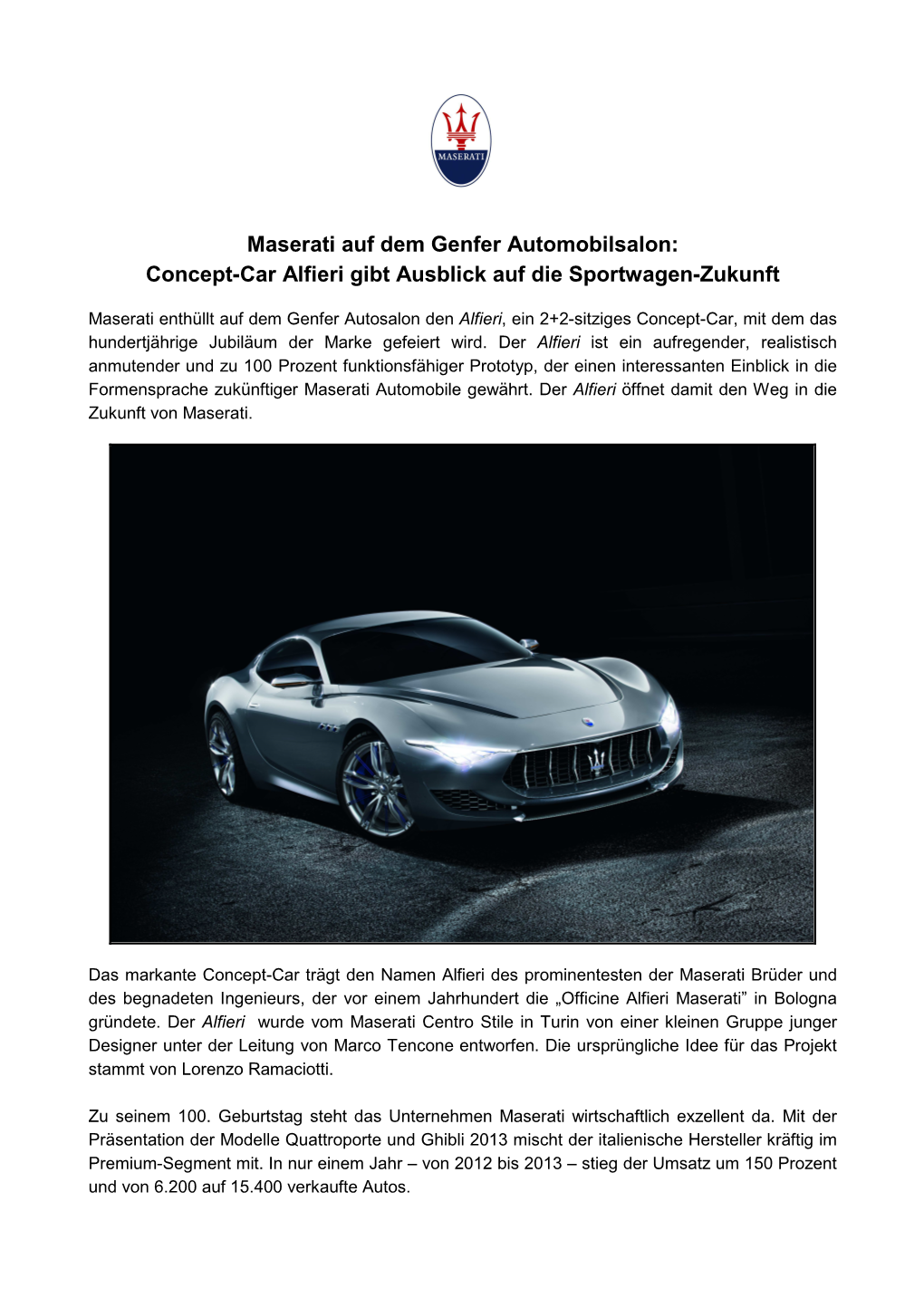 Maserati Auf Dem Genfer Automobilsalon: Concept-Car Alfieri Gibt Ausblick Auf Die Sportwagen-Zukunft