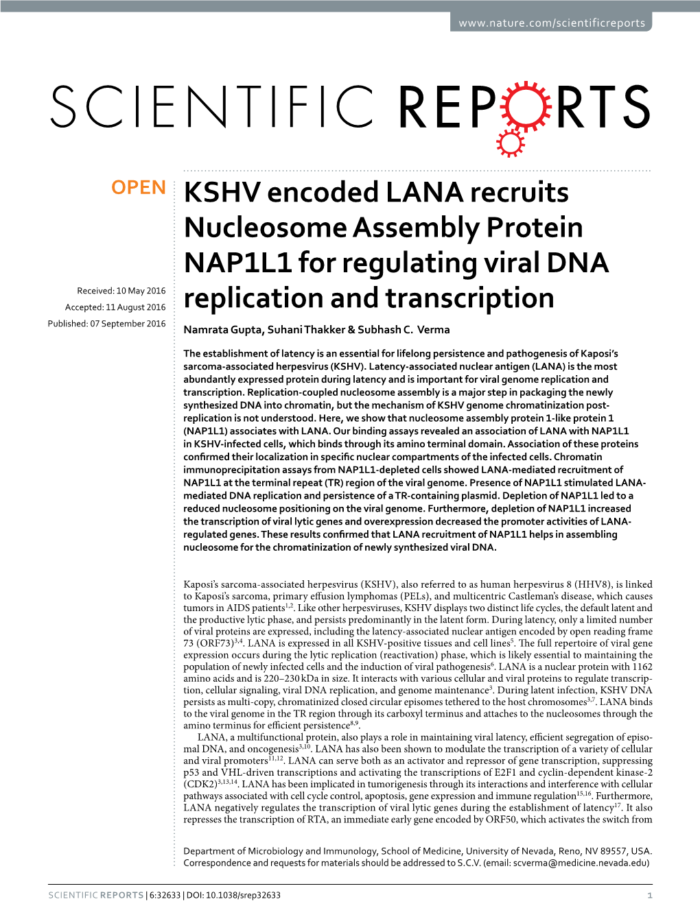 KSHV Encoded LANA Recruits Nucleosome Assembly Protein NAP1L1 for Regulating Viral DNA Replication and Transcription