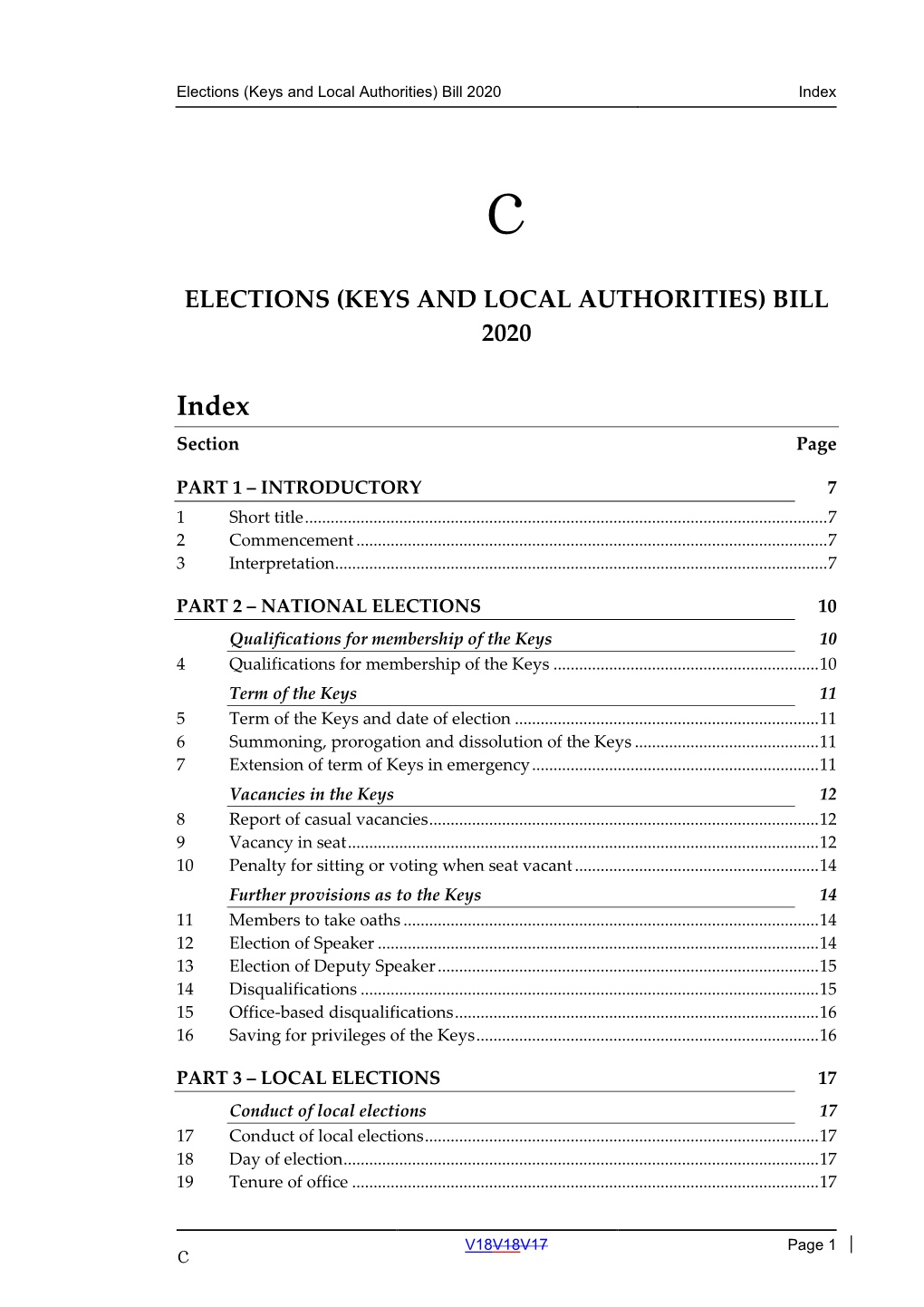 Elections (Keys and Local Authorities) Bill 2020 Index