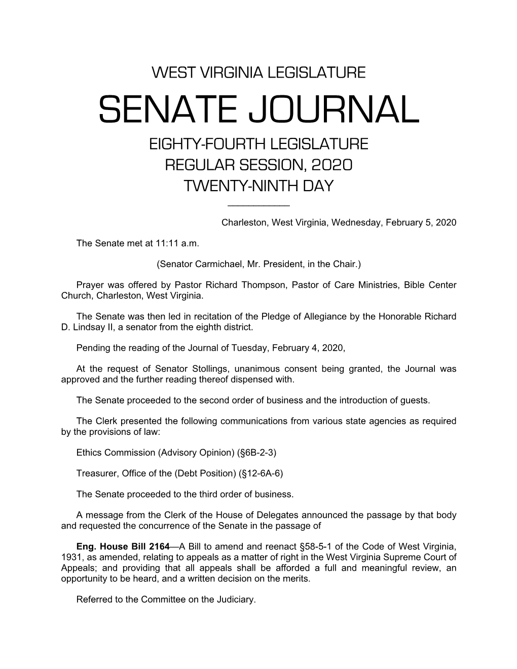 Senate Journal Eighty-Fourth Legislature Regular Session, 2020