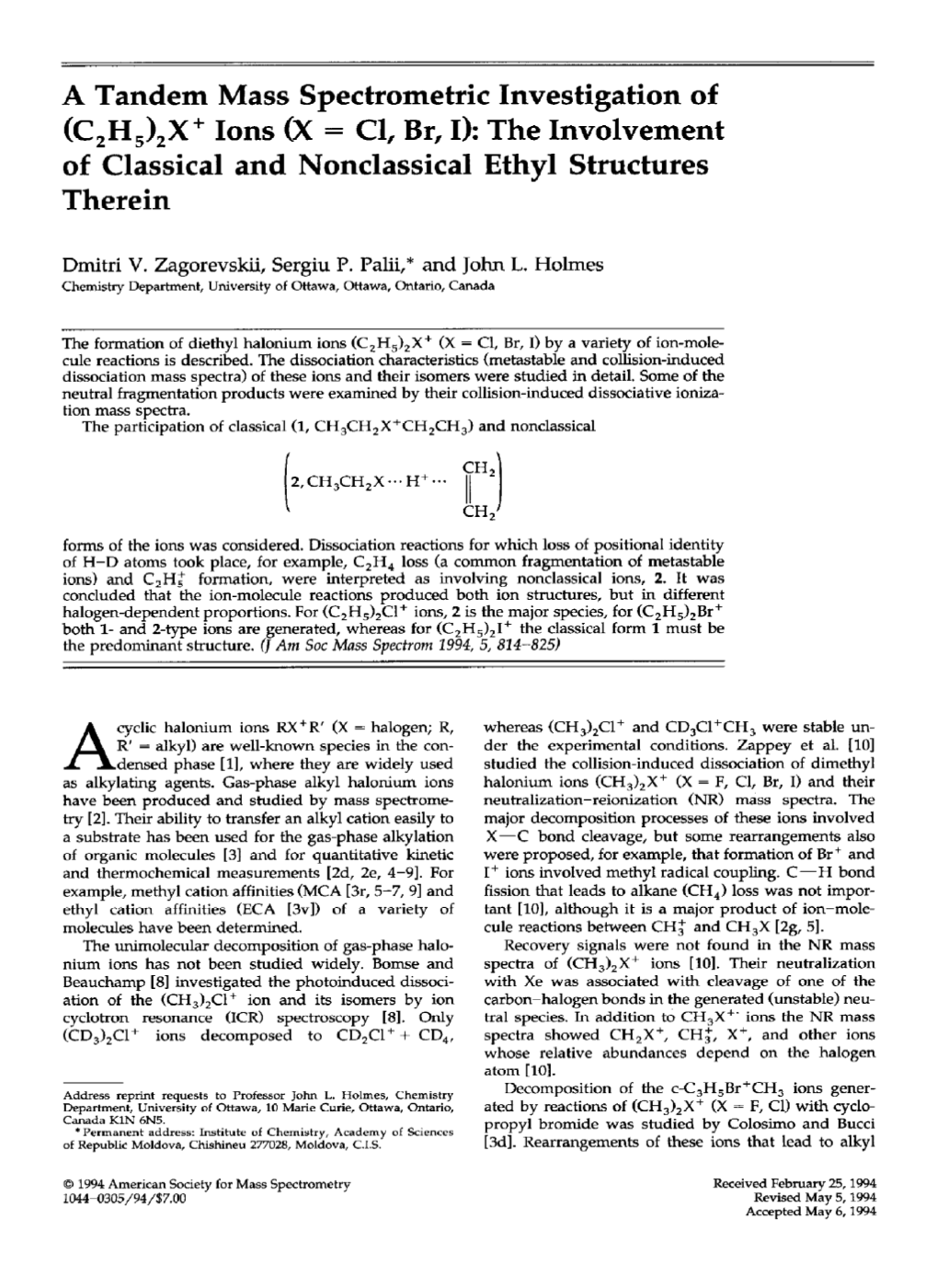 A Tandem Mass Spectrometric Investigation of (C <Subscript>2 </Subscript>H <Subscript>5 </Subscript>) &L