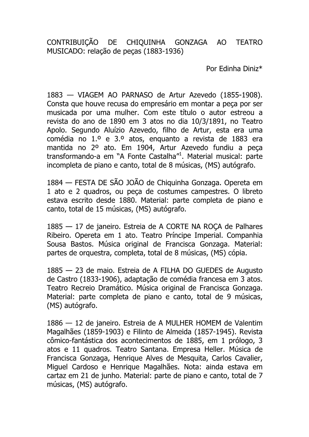 CONTRIBUIÇÃO DE CHIQUINHA GONZAGA AO TEATRO MUSICADO: Relação De Peças (1883-1936) Por Edinha Diniz* 1883 — VIAGEM AO