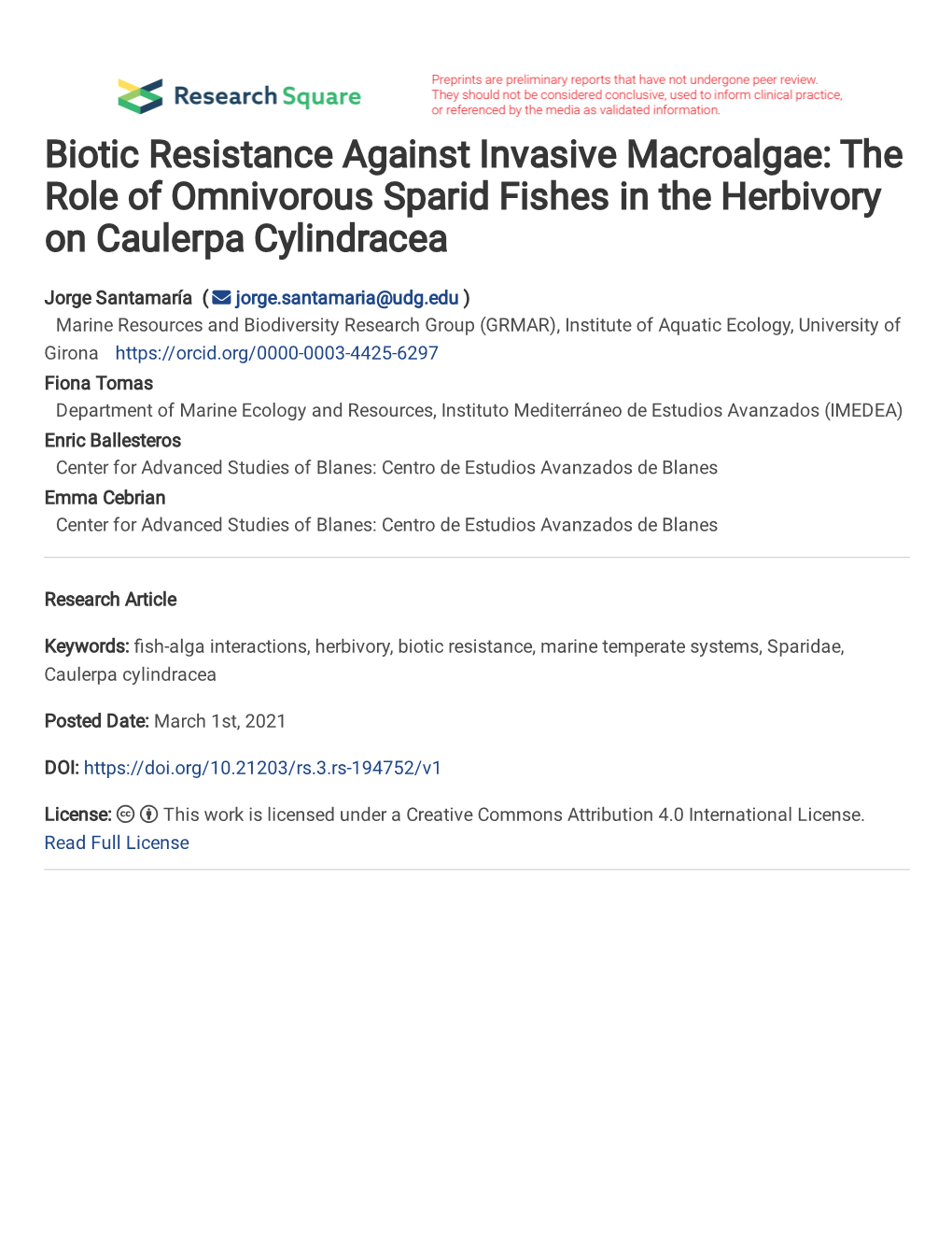 The Role of Omnivorous Sparid Fishes in the Herbivory on Caulerpa Cylindracea