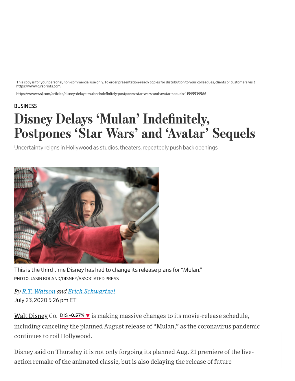 Disney Delays 'Mulan' Indefinitely, Postpones 'Star Wars' and 'Avatar