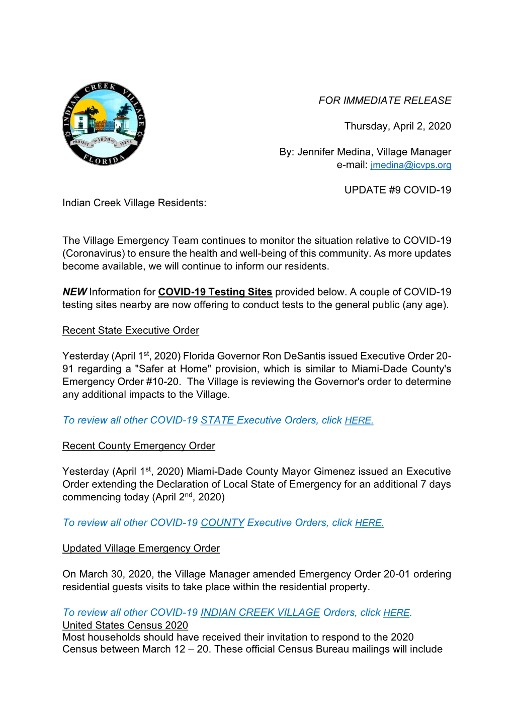 COVID-19 ICV Update #9 April 2 2020