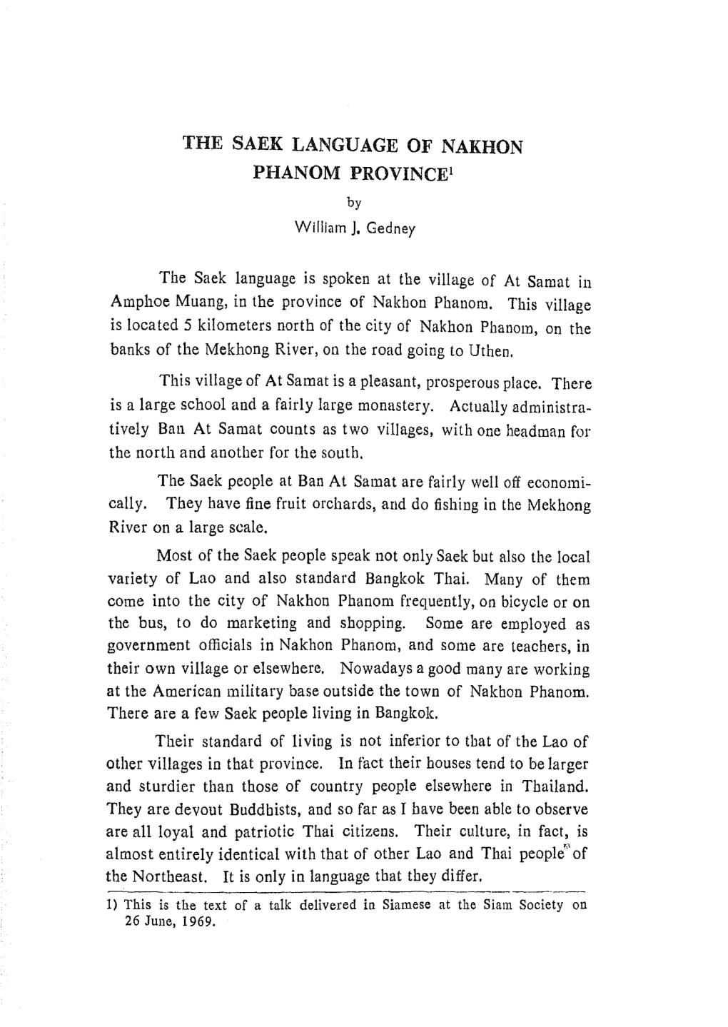 THE SAEK LANGUAGE of NAKHON PHANOM PROVINCE1 the Saek