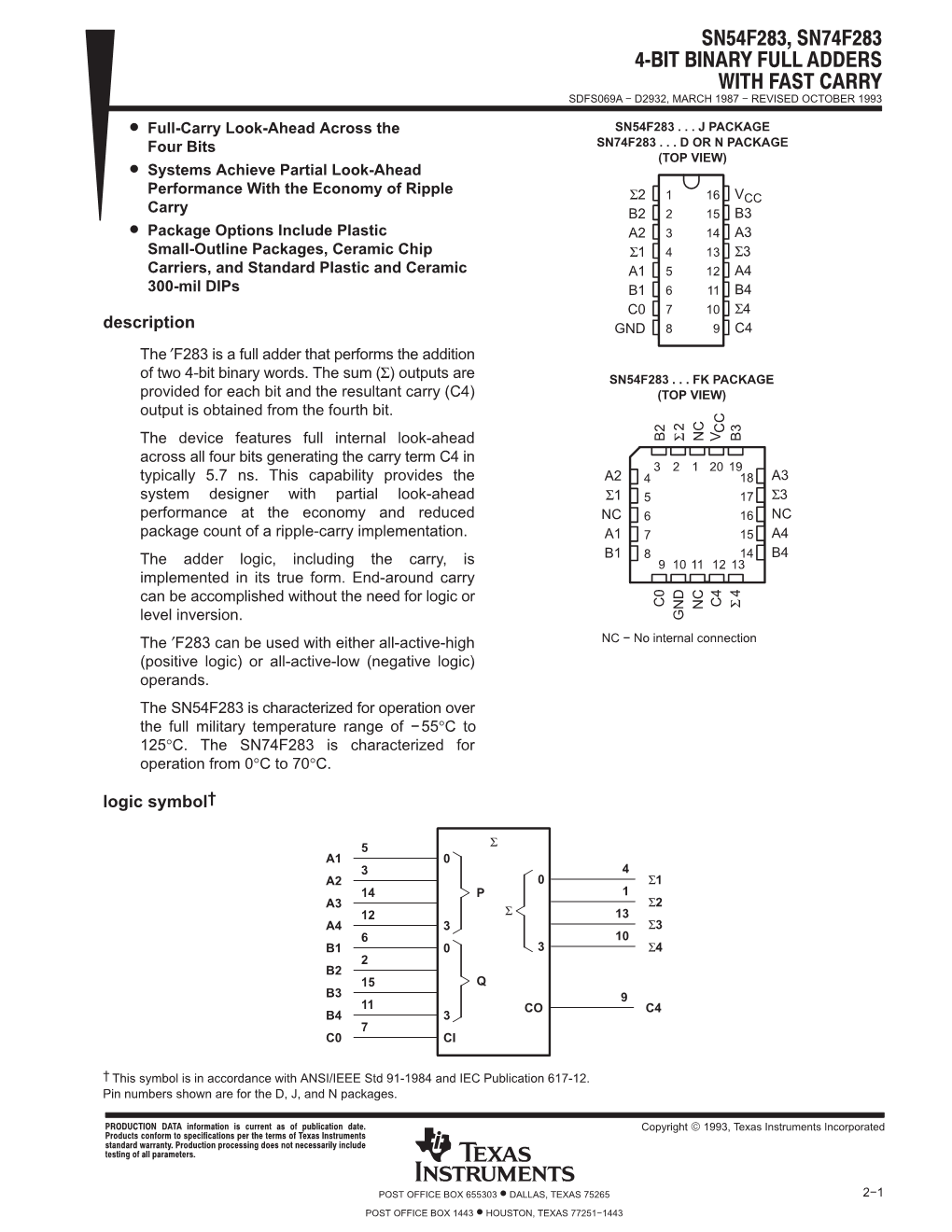 4-Bit Binary Full Adders with Fast Carry Datasheet