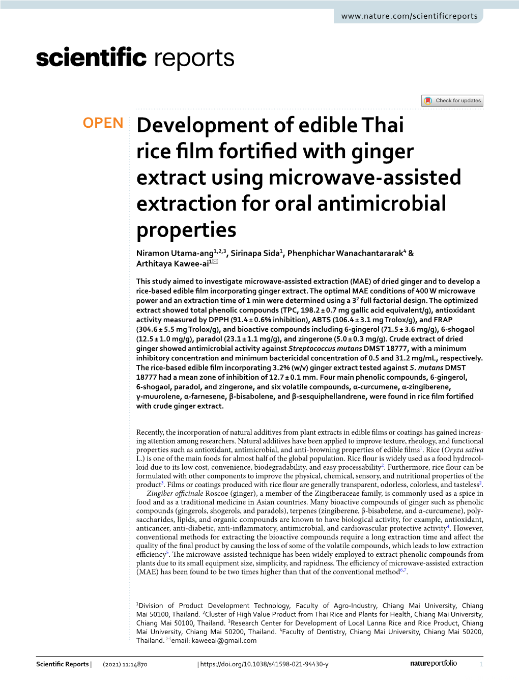 Development of Edible Thai Rice Film Fortified with Ginger Extract Using