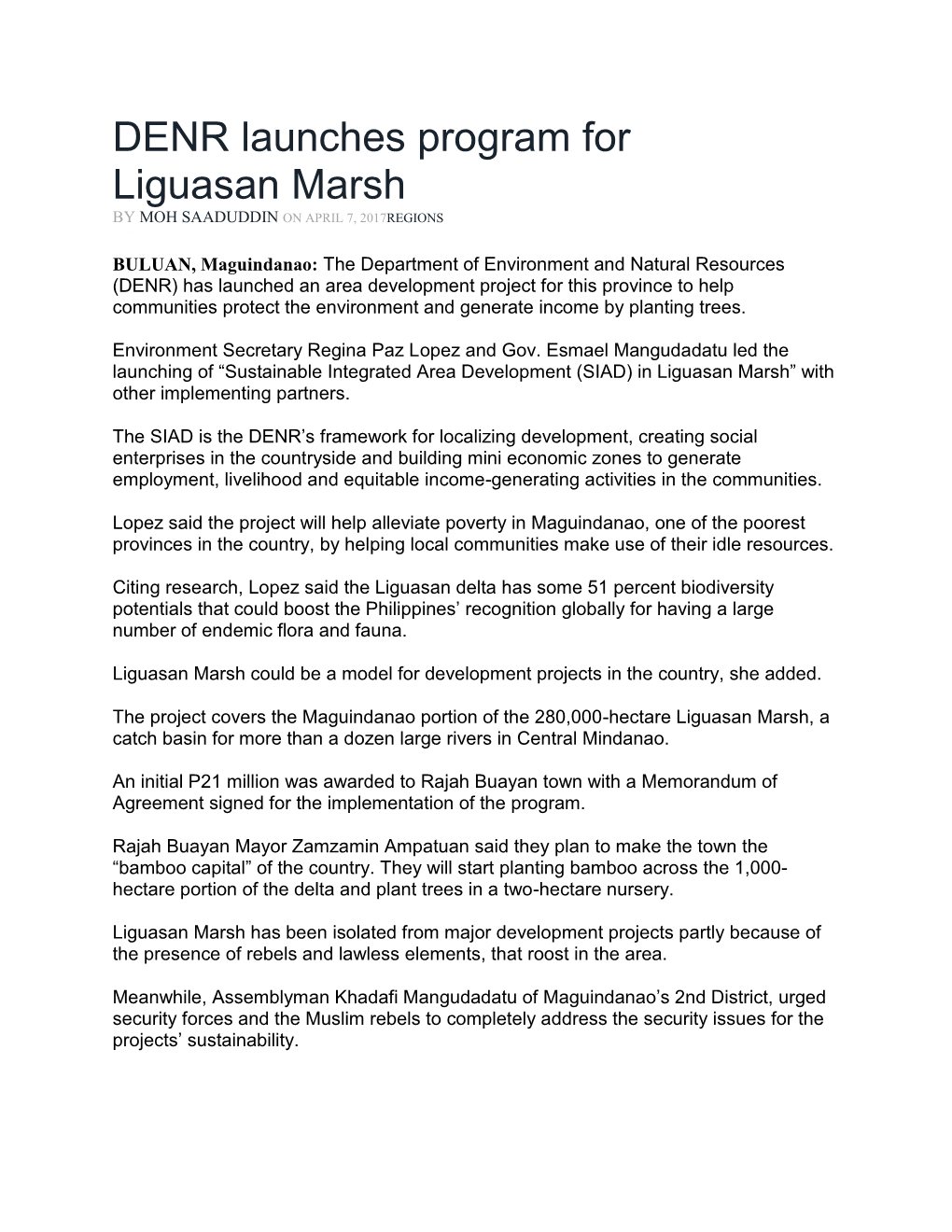 DENR Launches Program for Liguasan Marsh