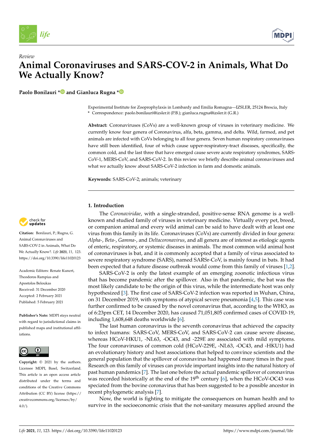 Animal Coronaviruses and SARS-COV-2 in Animals, What Do We Actually Know?