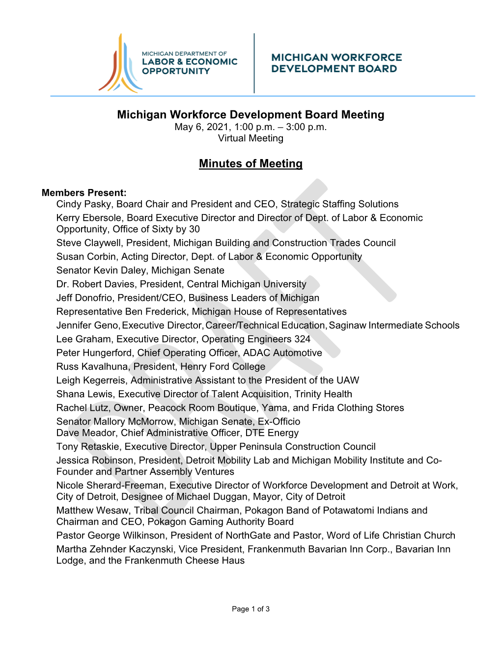 Michigan Workforce Development Board Meeting May 6, 2021, 1:00 P.M