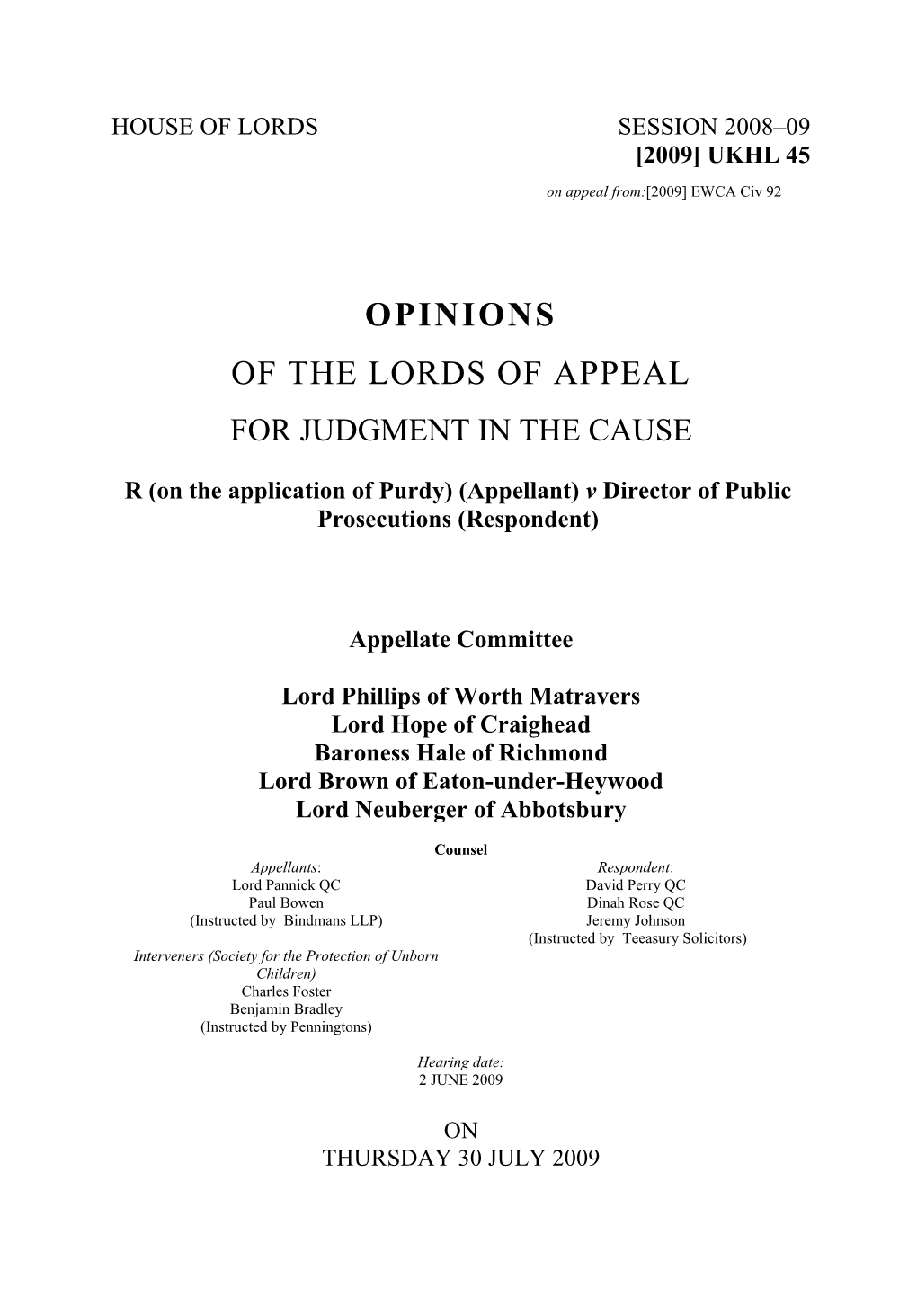 Opinions of the Lords of Appeal for Judgment in the Cause