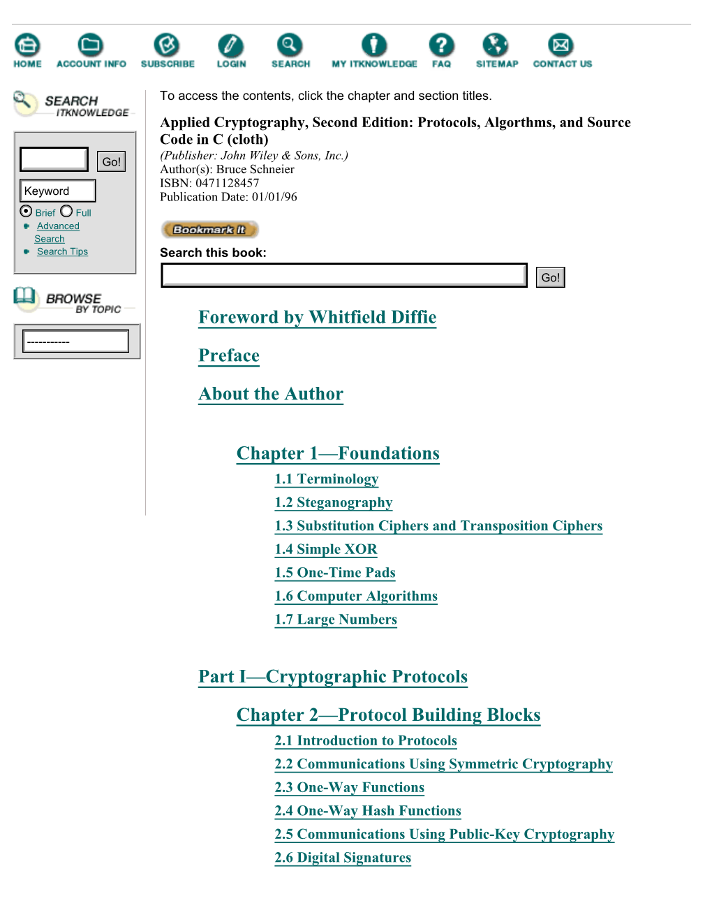 APPLIED CRYPTOGRAPHY, SECOND EDITION: Protocols, Algorithms, and Source Code in C:Table of Contents