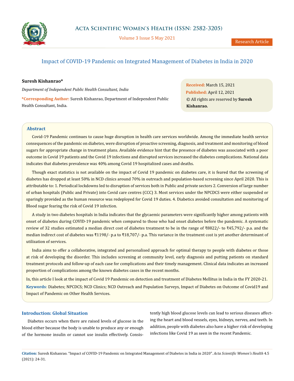 Impact of COVID-19 Pandemic on Integrated Management of Diabetes in India in 2020