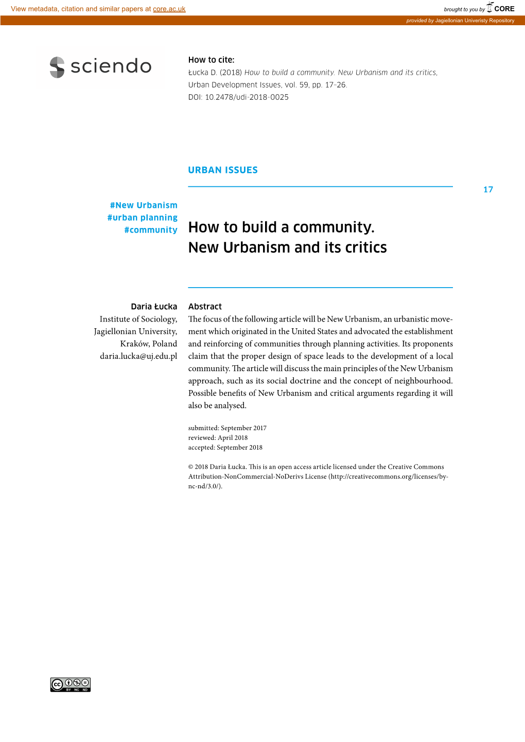 How to Build a Community. New Urbanism and Its Critics, Urban Development Issues, Vol