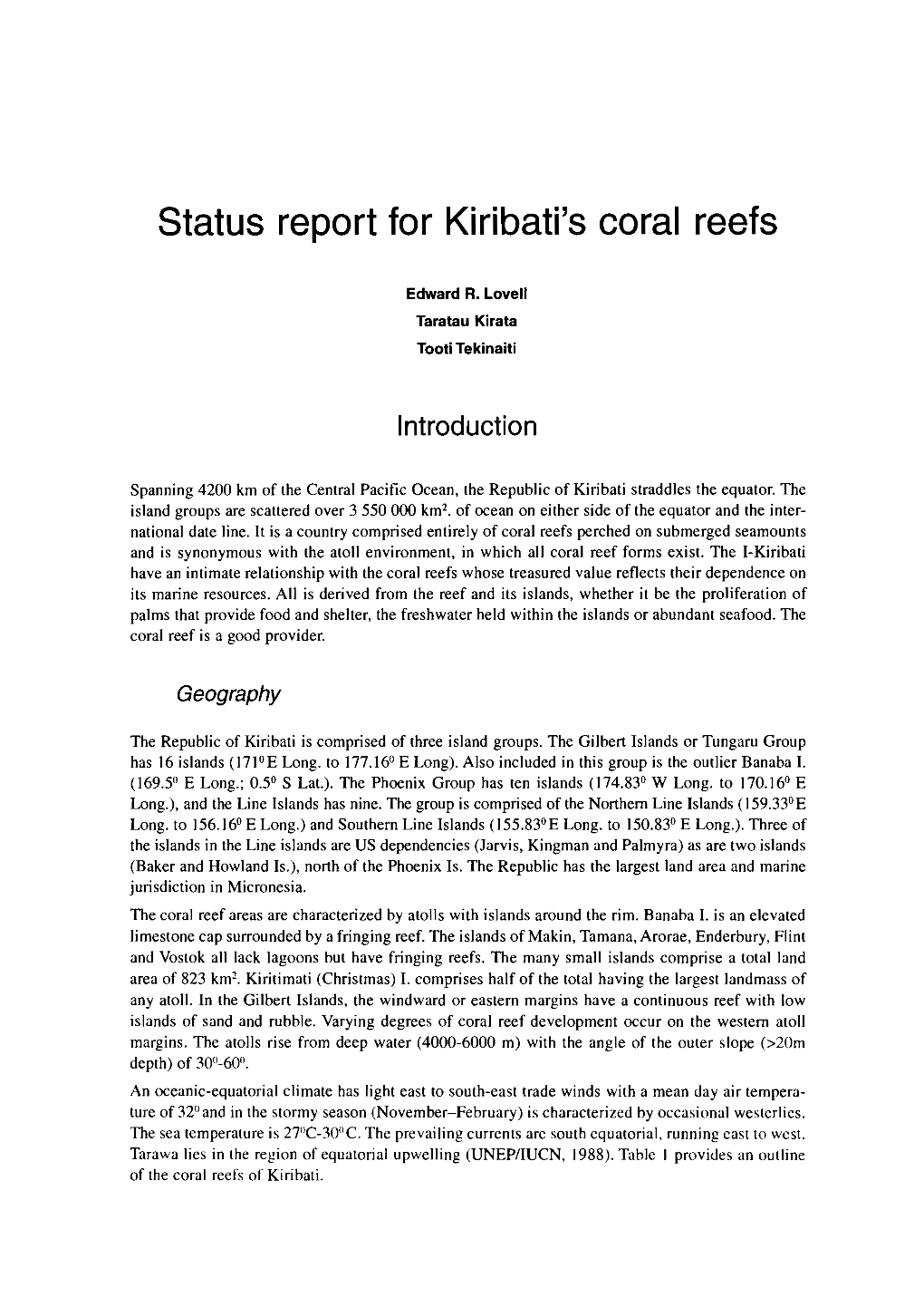 Status Report for Kiribati's Coral Reefs