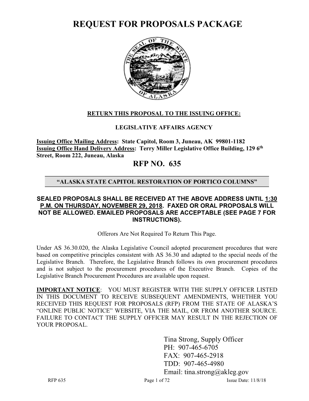 RFP 635 Alaska State Capitol Restoration Of