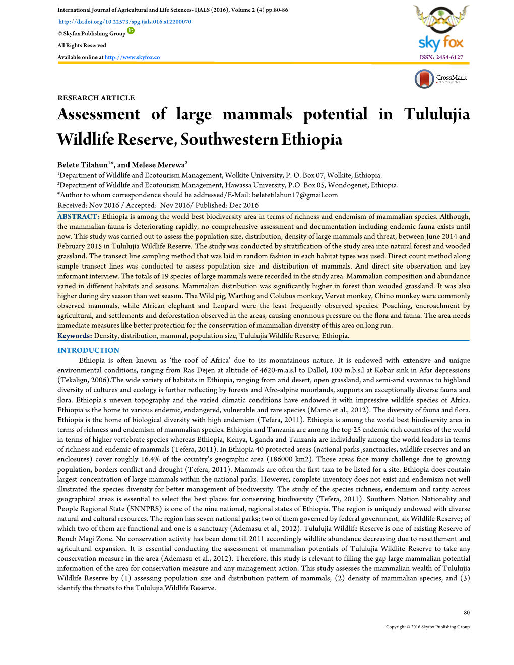 Assessment of Large Mammals Potential in Tululujia Wildlife Reserve, Southwestern Ethiopia